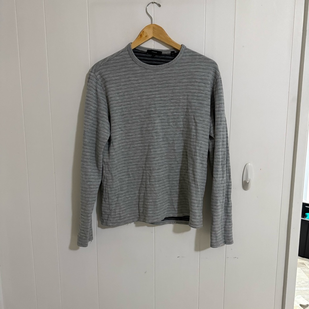 Vince Men's Gray Striped Crewneck Sweater